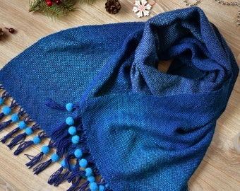 Hand-woven Blue Scarf | Extra Long & Merino Wool Scarf | 198 cm length| Perfect Birthday gift |  Women Scarf