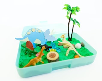 Dinosaur Sensory Bin: Kinetic Sand Travel Busy Box for ADHD & Autism