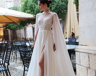 High neck light chiffon cape  wedding dress , modest gown with covered arms,  long gothic  floor touching  sleeves