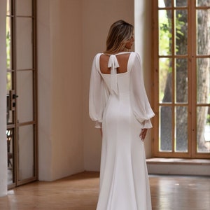 Minimalistic fit&flare  crepe  wedding dress with square neckline, Bishop long bracelet  sheer sleeves, simple gown