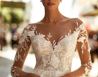 A line illusion floral pattern lace wedding dress with long sleeves , sweetheart illusion neckline