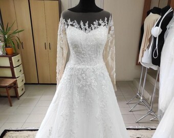 Illusion square  neckline  lace wedding dress with  long sleeves princess ball a line elegant gown