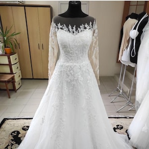 Illusion square  neckline  lace wedding dress with  long sleeves princess ball a line elegant gown