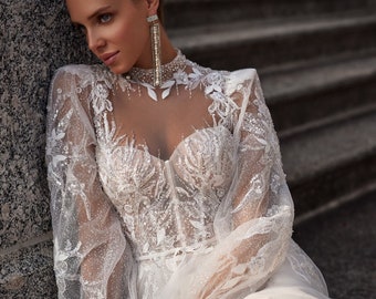 Sparkling  beaded sequins illusion  Aline wedding dress, long puffy sleeves, high neck, sweetheart neckline, tulle skirt,corset ,structured