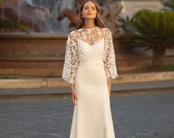 Modest minimalist simple crepe  sleeveless a line wedding dress with bolero
