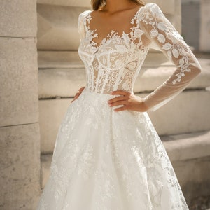 Large Floral All-lace Ball Gown Wedding Dress With Long Puffy Sleeves ...