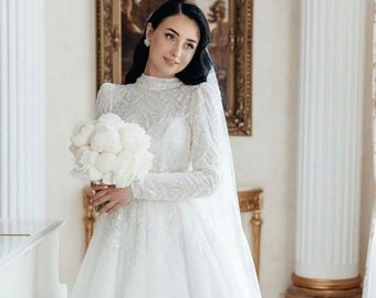 High neckline luxury  sparkled embroiderery wedding drees ,sequins modest a line wedding gown, puffy  long sleeves,mockneck