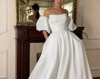 Puffy sleeves off shoulder half sleeves  satin square straight  neckline  wedding dress with split,high-slit gown,pockets