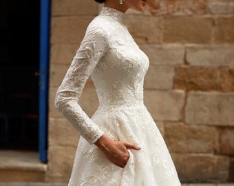 High neck  wedding dress, closed back wedding dress ,  long sleeves pockets a line wedding dress, elegant  classic gown sparkle  embroidery