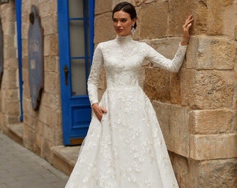 High neck wedding dress, closed back wedding dress , long sleeves pockets a  line wedding dress, elegant classic gown sparkle embroidery