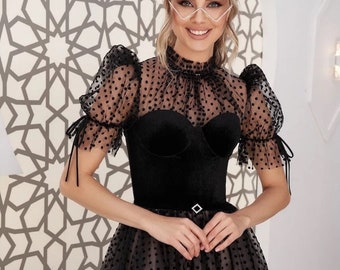 Black princess  midi wedding dress , puffy short sleeves, high neckline, velvet corset, evening coctail gown,dots tulle