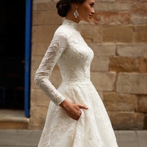 High neck  wedding dress, closed back wedding dress ,  long sleeves pockets a line wedding dress, elegant  classic gown sparkle  embroidery