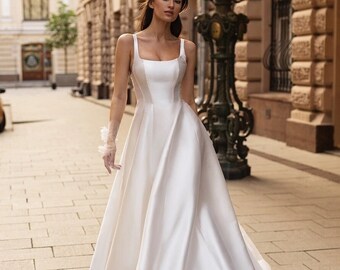 Solid mikado all-cut  classic Aline wedding dress, ball single-cut gown, square straight neckline, sleeveless stripes mikado gown minimalist