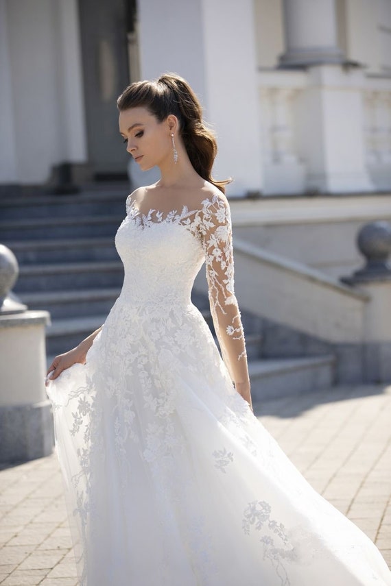 Illusion Square Neckline Lace Wedding Dress With Long Sleeves Princess Ball  a Line Elegant Gown 