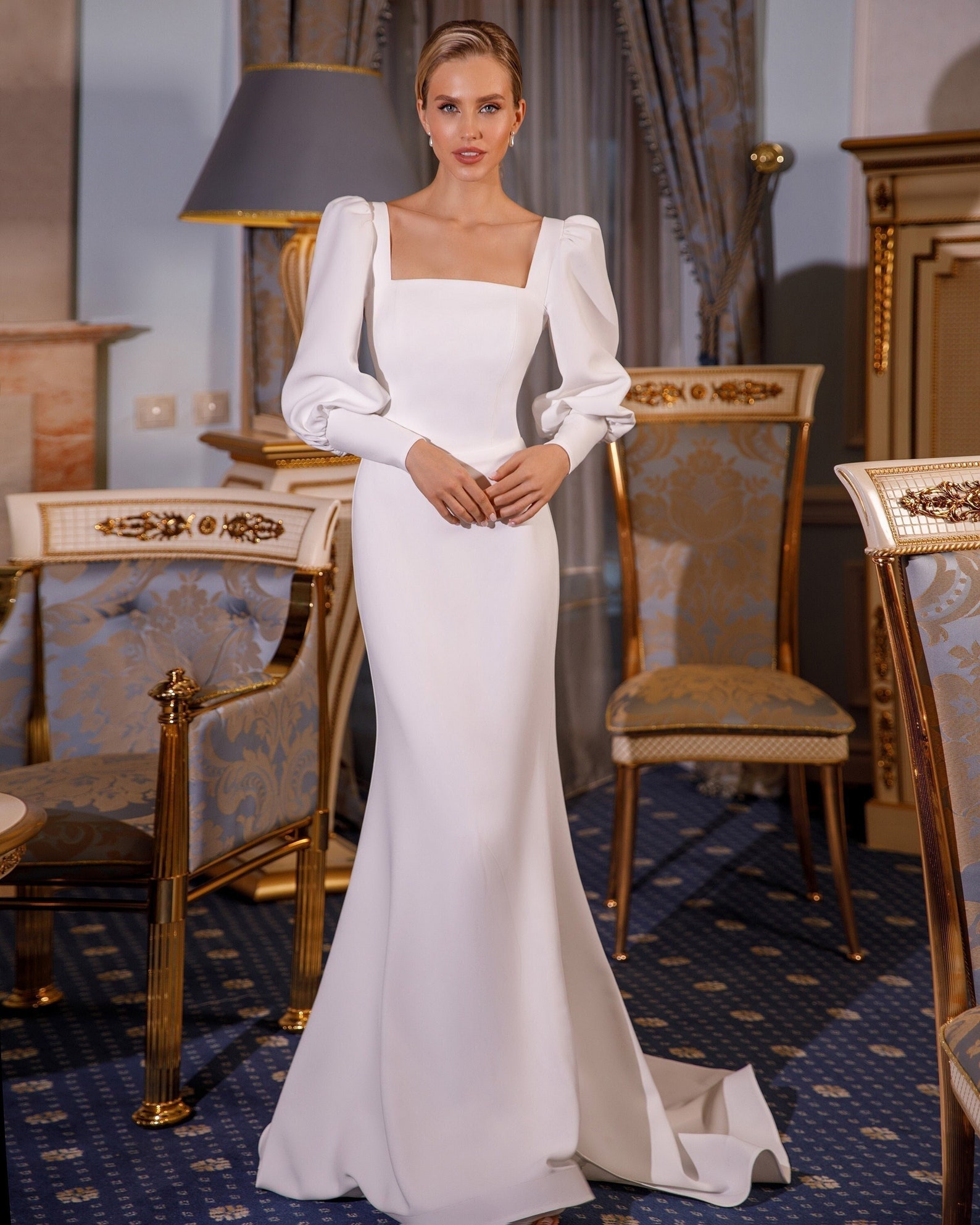 Long Sleeve Wedding Dress Square Neckline Wedding Dress Long - Etsy