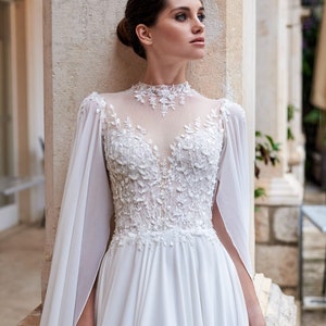 High Neck Light Chiffon Cape Wedding Dress , Modest Gown With Covered ...