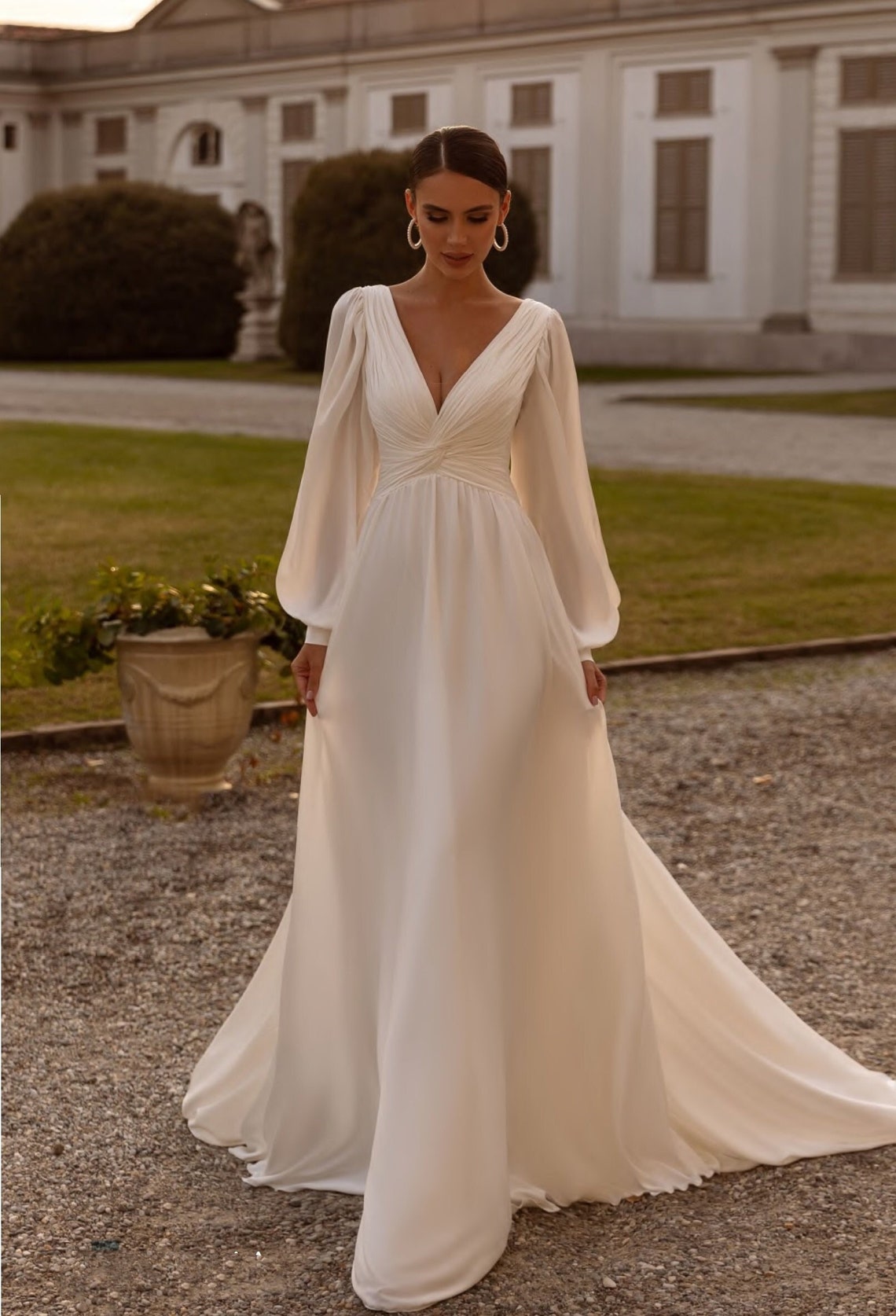 Long sleeve chiffon boho wedding dress with low  back and puff image 2