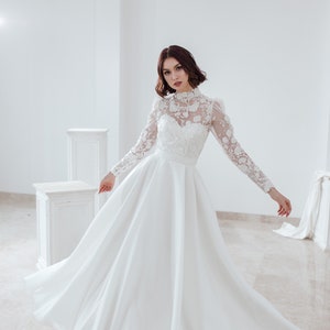 High Neckline, Floral Bodice , Long Lace Sleeves Wedding Dress, Puffy ...