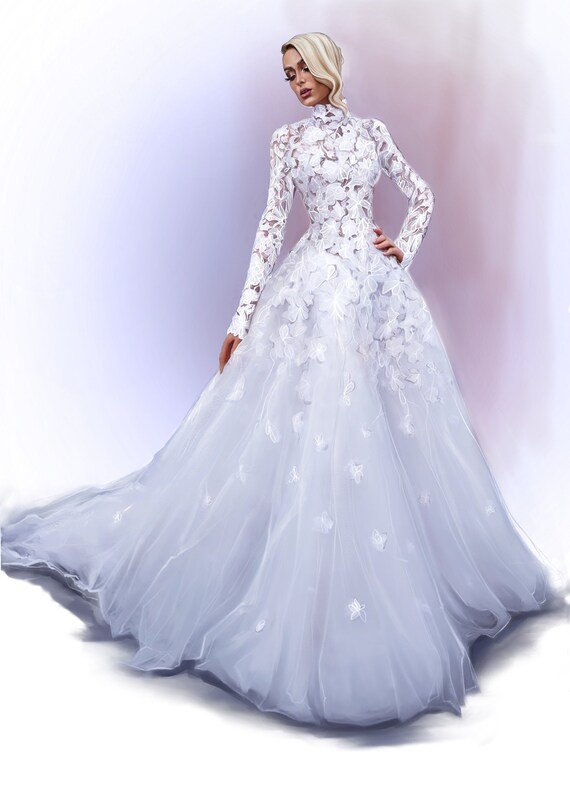 Custom High Neckline Mockneck Lace Applique Wedding Dress Inspired