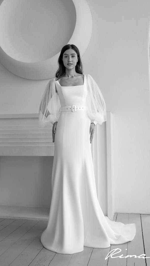 Sheer Puff Sleeve Wedding Dress With 