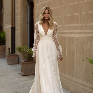 Deep V Neckline Wedding Dress Illusion Lace Long Sleeves - Etsy