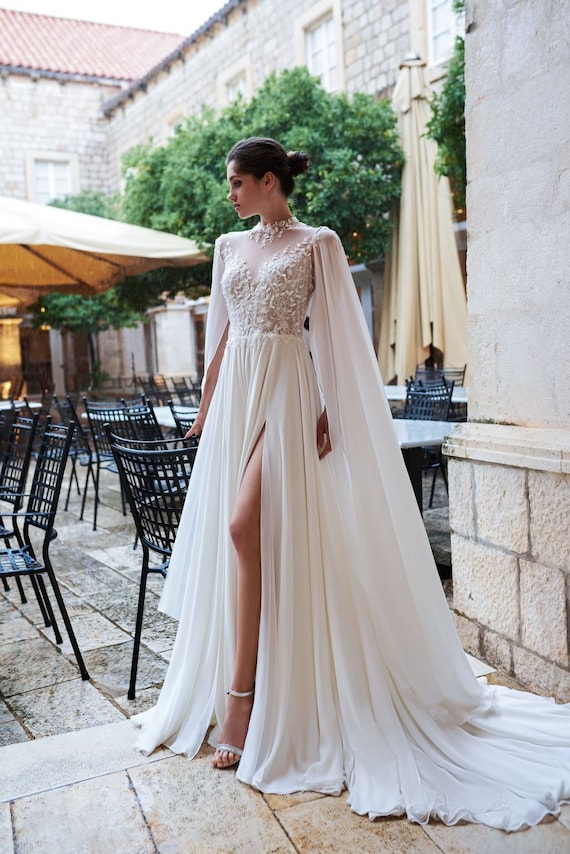 High Neck Light Chiffon Cape Wedding Dress , Modest Gown With