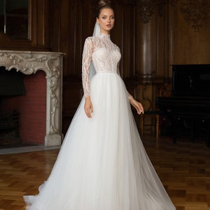 High neck wedding dress, illusion wedding dress , mockneck, long sleeves a line wedding dress, elegant classic sparkled   beaded gown,