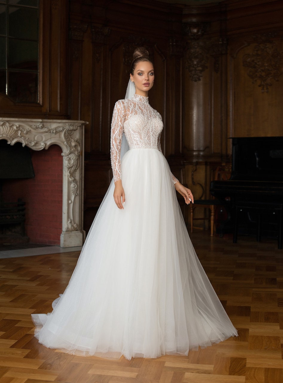 Illusion Square Neck White Long Sleeves Princess Ball Gown Wedding