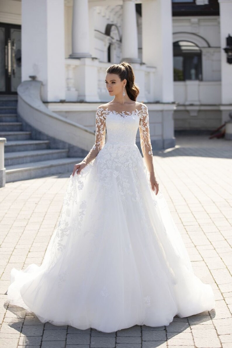 Illusion Square Neckline Lace Wedding Dress With Long Sleeves - Etsy