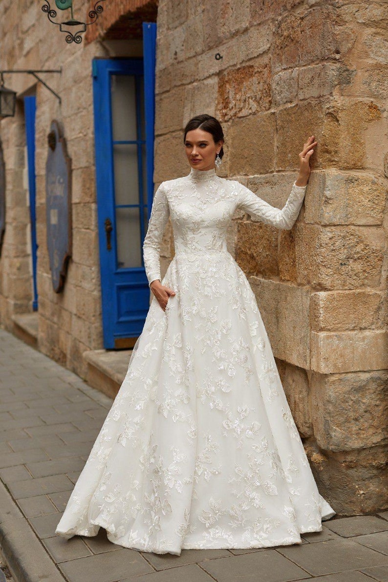 High neck wedding dress, closed back wedding dress , long sleeves pockets a line wedding dress, elegant classic gown sparkle embroidery image 2