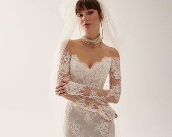 Chantilly lace, off the shoulder, long sleeves, sweat neckline sheath mermaid  wedding dress , classic elegant gown.