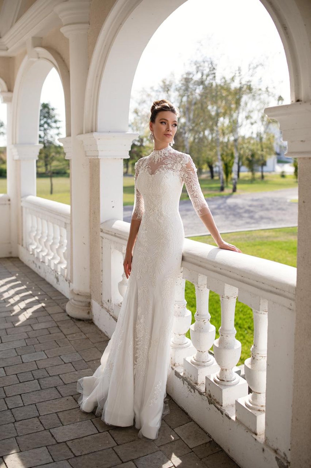Remi, Lace High Neck Mermaid Wedding Gown with Sleeves - Darling Bridal