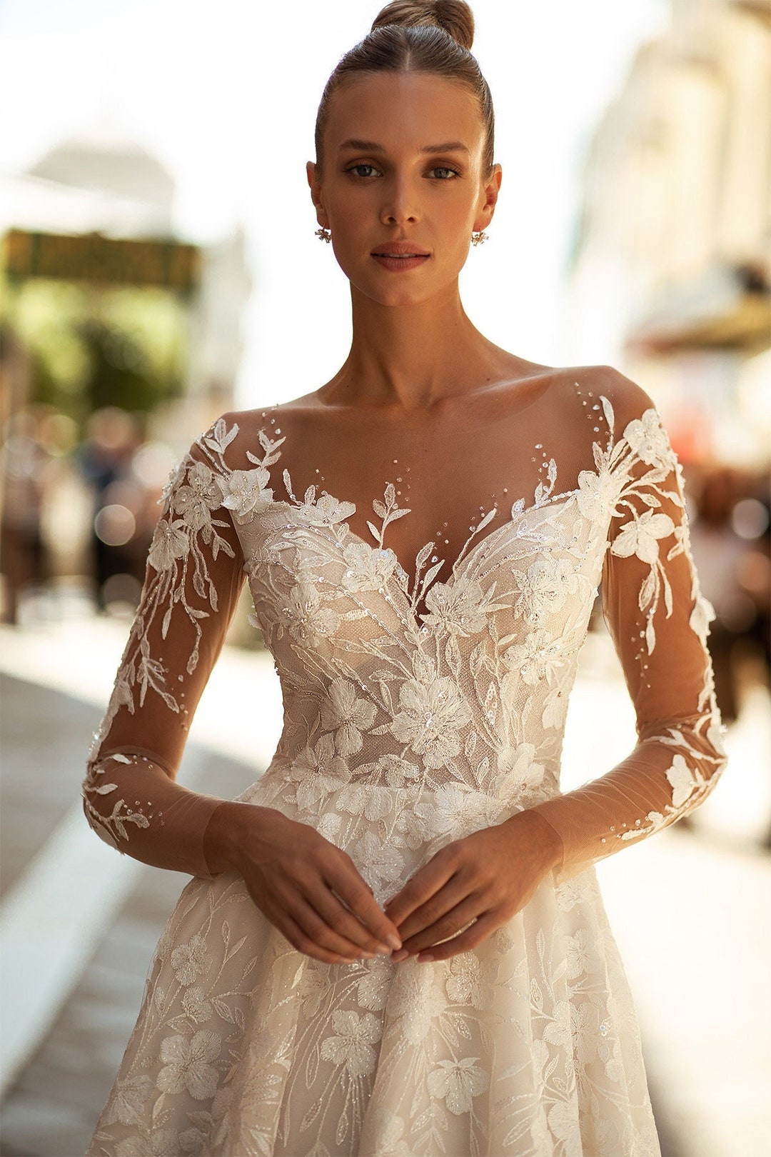 A Line Illusion Floral Pattern Lace Wedding Dress With Long Sleeves