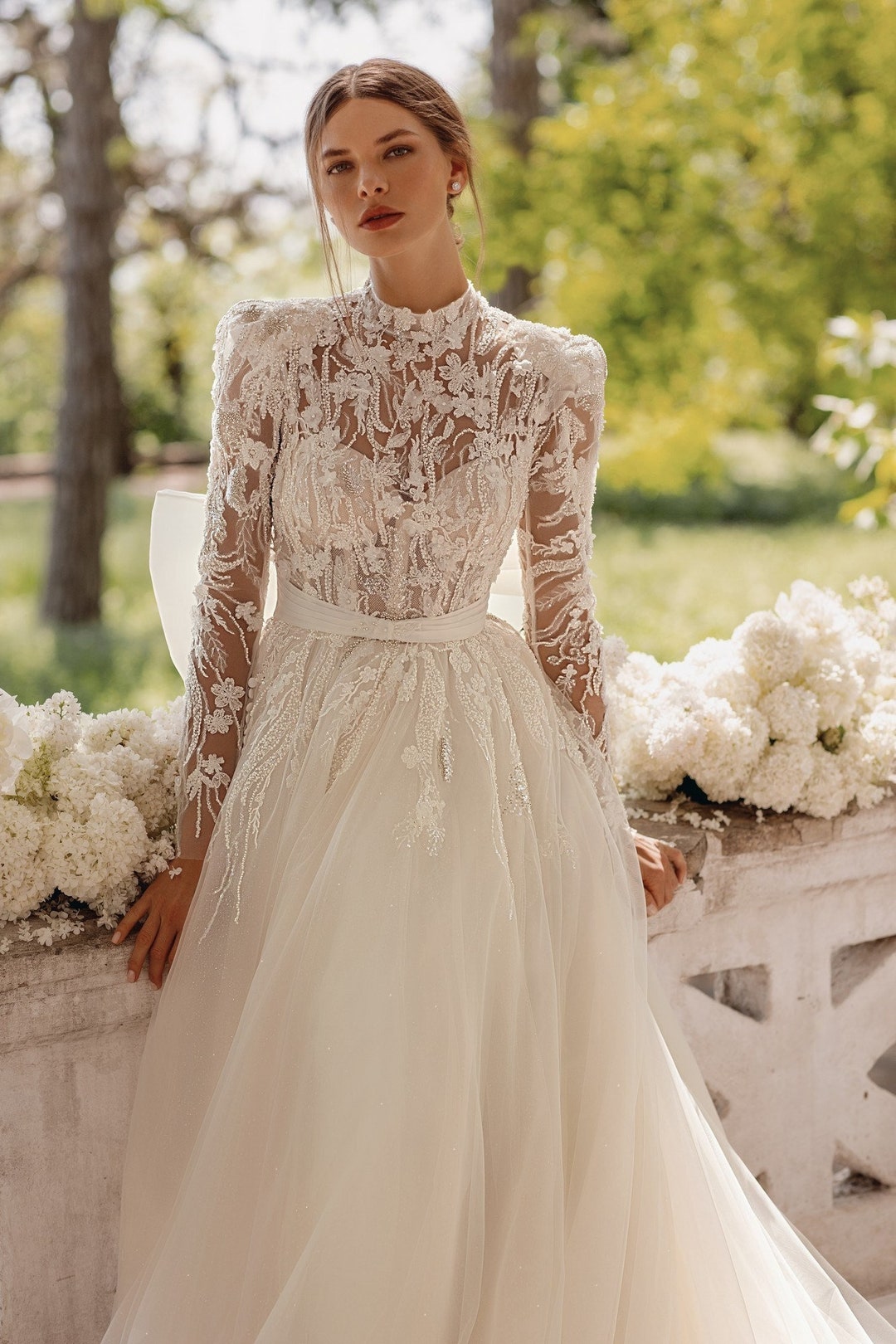 A-line Lace High Neck Wedding Dress Embroidered , Puff Long Sleeves ,  Mockneck Paris Hilton -  Canada