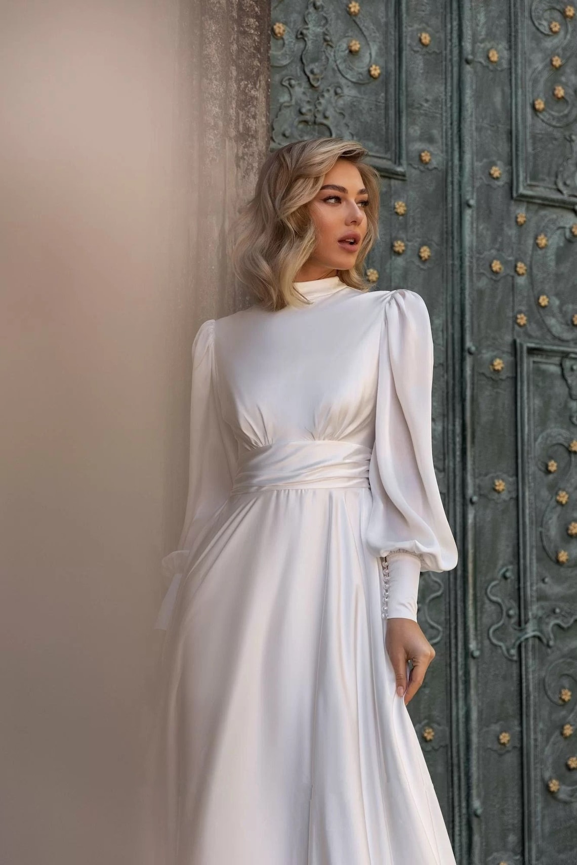 Silk satin high neck boho wedding dress high draped waist image 1