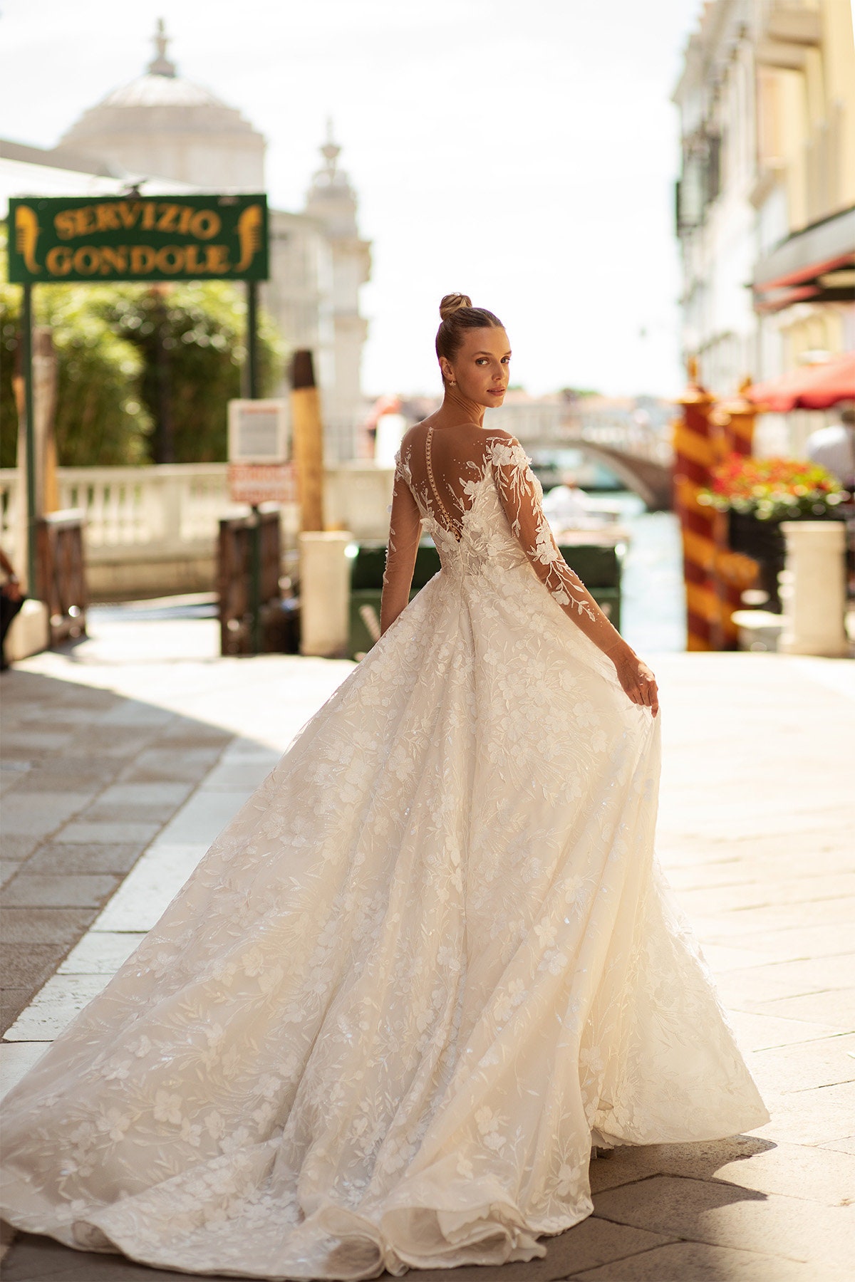 A Line Illusion Floral Pattern Lace Wedding Dress With Long Etsy