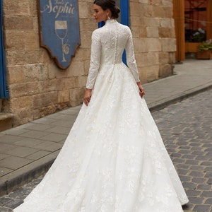 High neck  wedding dress, closed back wedding dress ,  long sleeves pockets a line wedding dress, elegant  classic gown sparkle  embroidery
