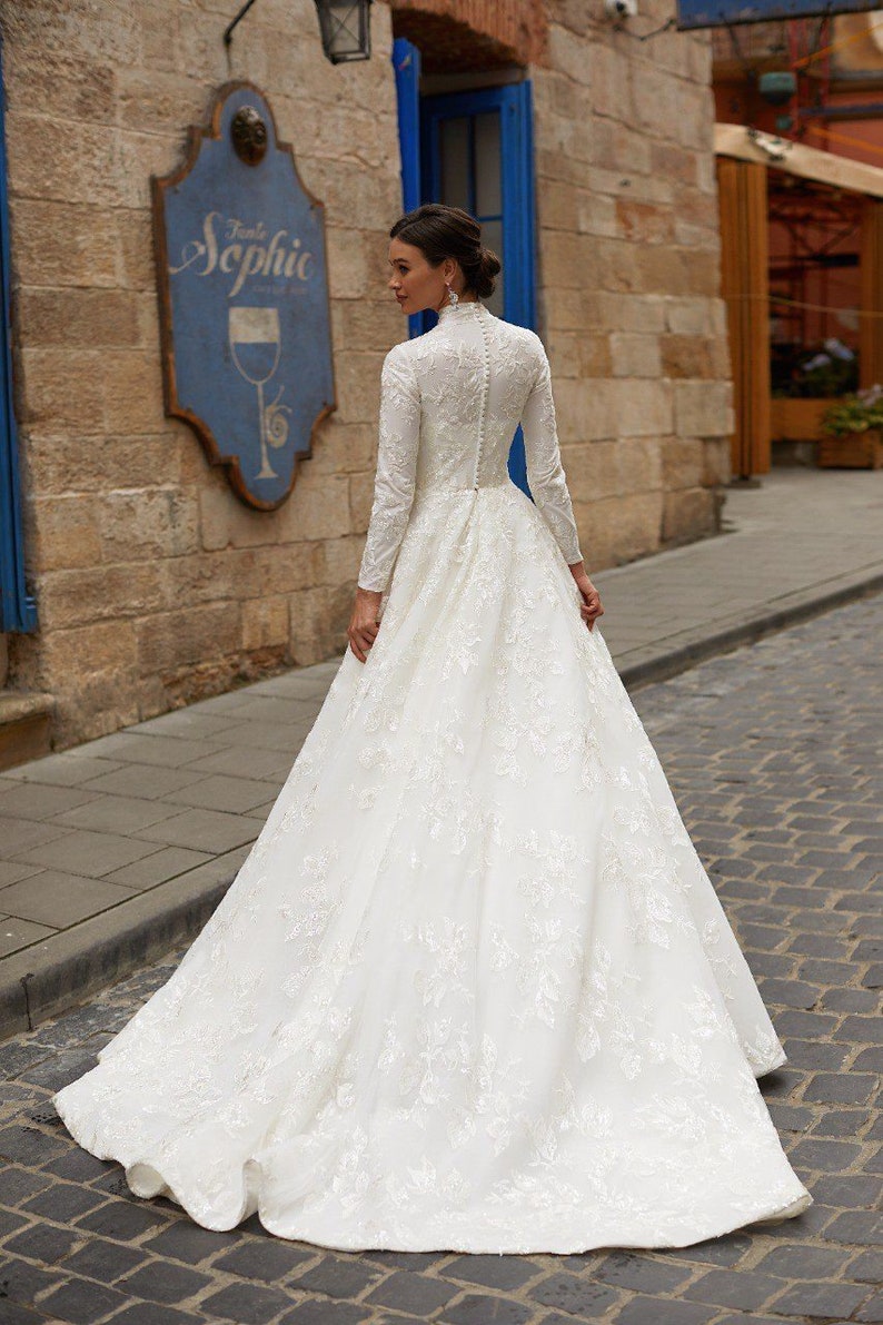 High neck wedding dress, closed back wedding dress , long sleeves pockets a line wedding dress, elegant classic gown sparkle embroidery image 3