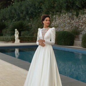 Long Puff Sleeves Deep V Neckline Atlas Wedding Dress With Lace Back ...