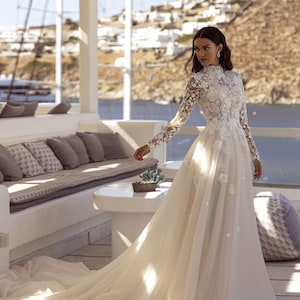 3d lace high neck , boho wedding dress with long sleeves , modest Paris Hilton style, turtleneck wedding dress
