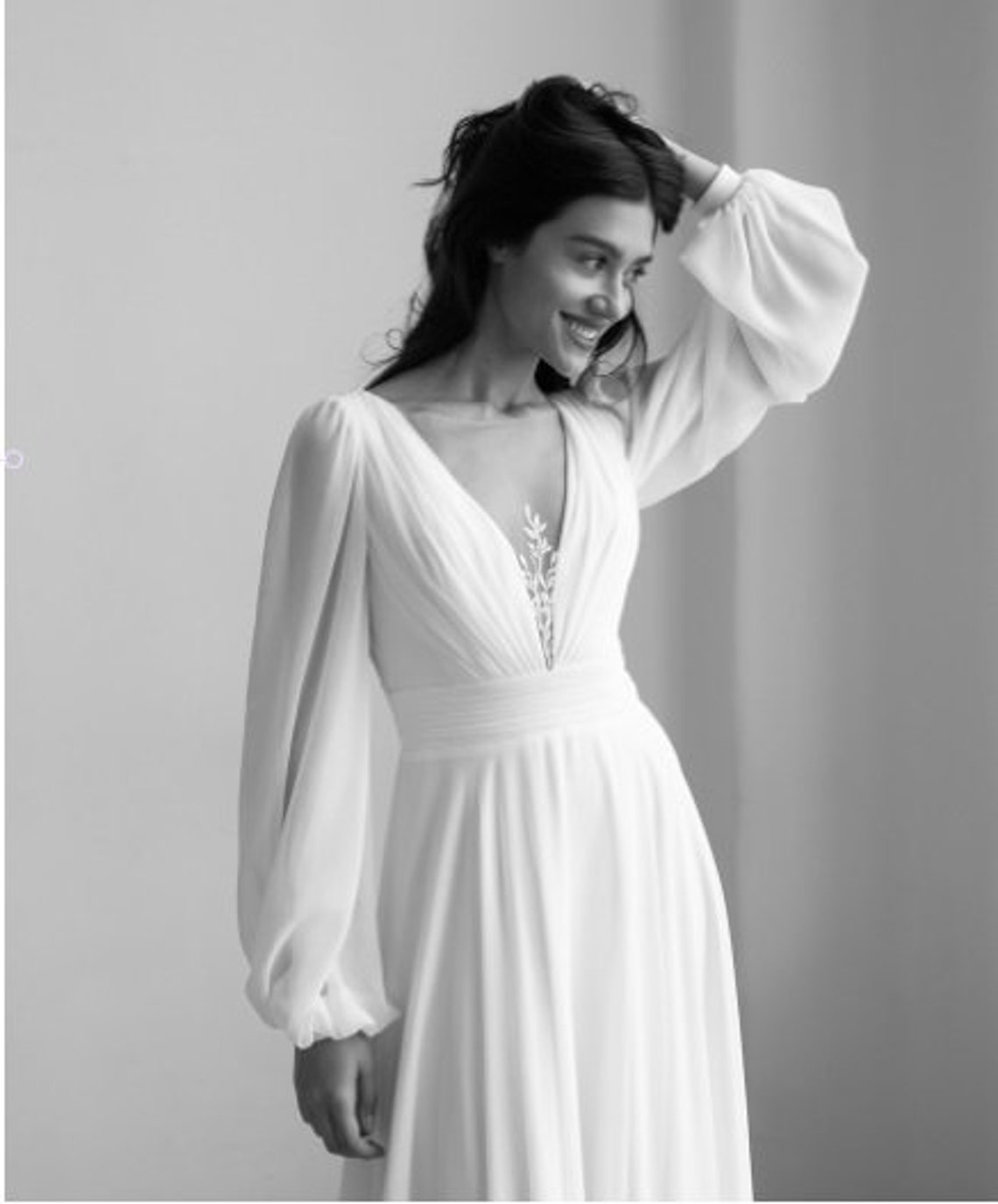 Long Sleeve Chiffon Boho Wedding Dress With Lace Illusion Back - Etsy