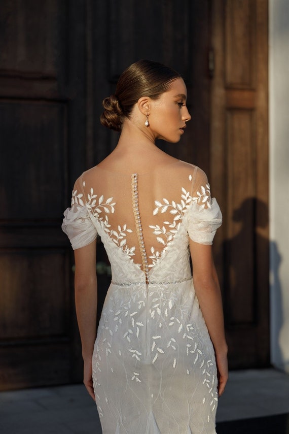 Illusion Back, Illusion Neckline Wedding Dress,off Shouler Sleeves, Tulle  Skirt, Light Reflected Lace, Fit and Flare Gown 