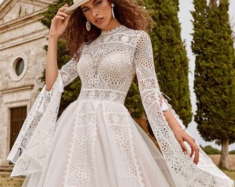 Boho hippie  high neckline  mockneck  lace wedding dress with long sleeves