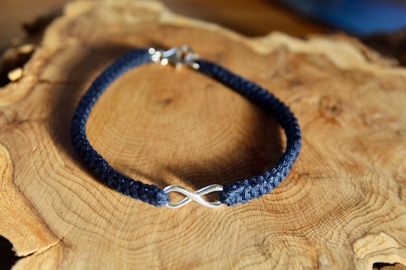 2nd Anniversary Cotton Bracelet in Navy with Silver Infinity, Unisex Cotton Jewellery Gift, 2 Year Anniversary, Handmade Cotton Crochet Gift