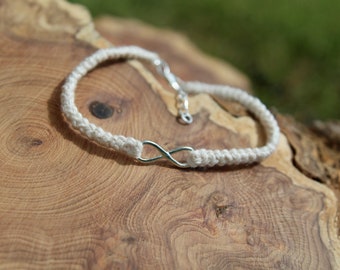 4th Anniversary Linen Bracelet in Cream with Silver Infinity, Linen Anniversary Gift, 4 Year Linen, Linen Crochet Bracelet, Handmade Gift