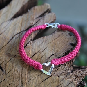 2nd Anniversary Cotton Bracelet with Silver Ribbon in Dark Pink, Cotton Jewellery Gift, 2 Year Anniversary, Handmade Cotton Crochet Gift