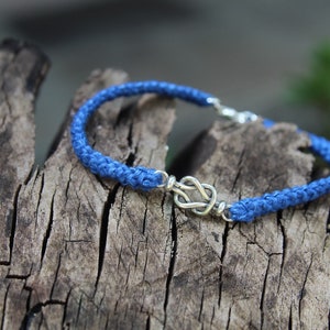4th Anniversary Linen Bracelet in Denim Blue with Silver Knot, Fourth Anniversary, Unisex Linen Gift, 4 Years Jewellery, Handmade Bracelet