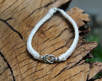 2nd Anniversary Cream Cotton Bracelet with Sterling Silver Knot, Handmade Cotton Anniversary Gift
