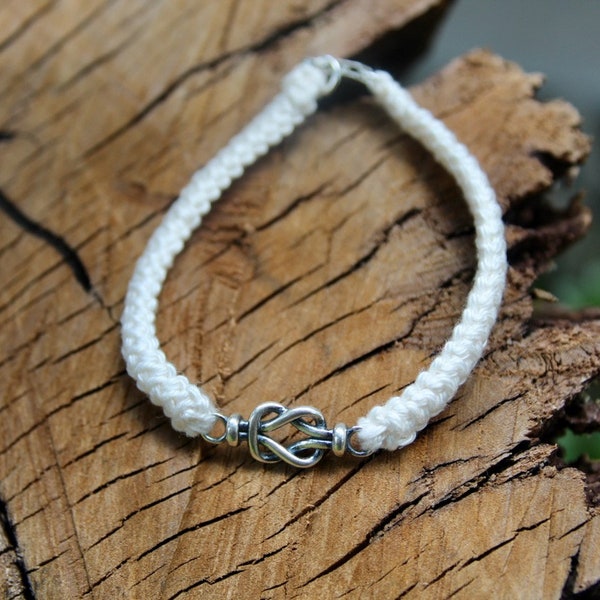 Bracelet en coton crème avec noeud en argent, cadeau d'anniversaire de mariage en coton, cadeau en coton pour 2e anniversaire, cadeau d'anniversaire de 2 ans, bracelet de l'amitié