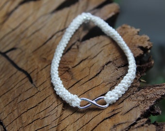 2nd Anniversary Cotton Bracelet in Cream with Silver Infinity, Cotton Anniversary Gift for Her, 2 Year Gift, Handmade Crochet Gift